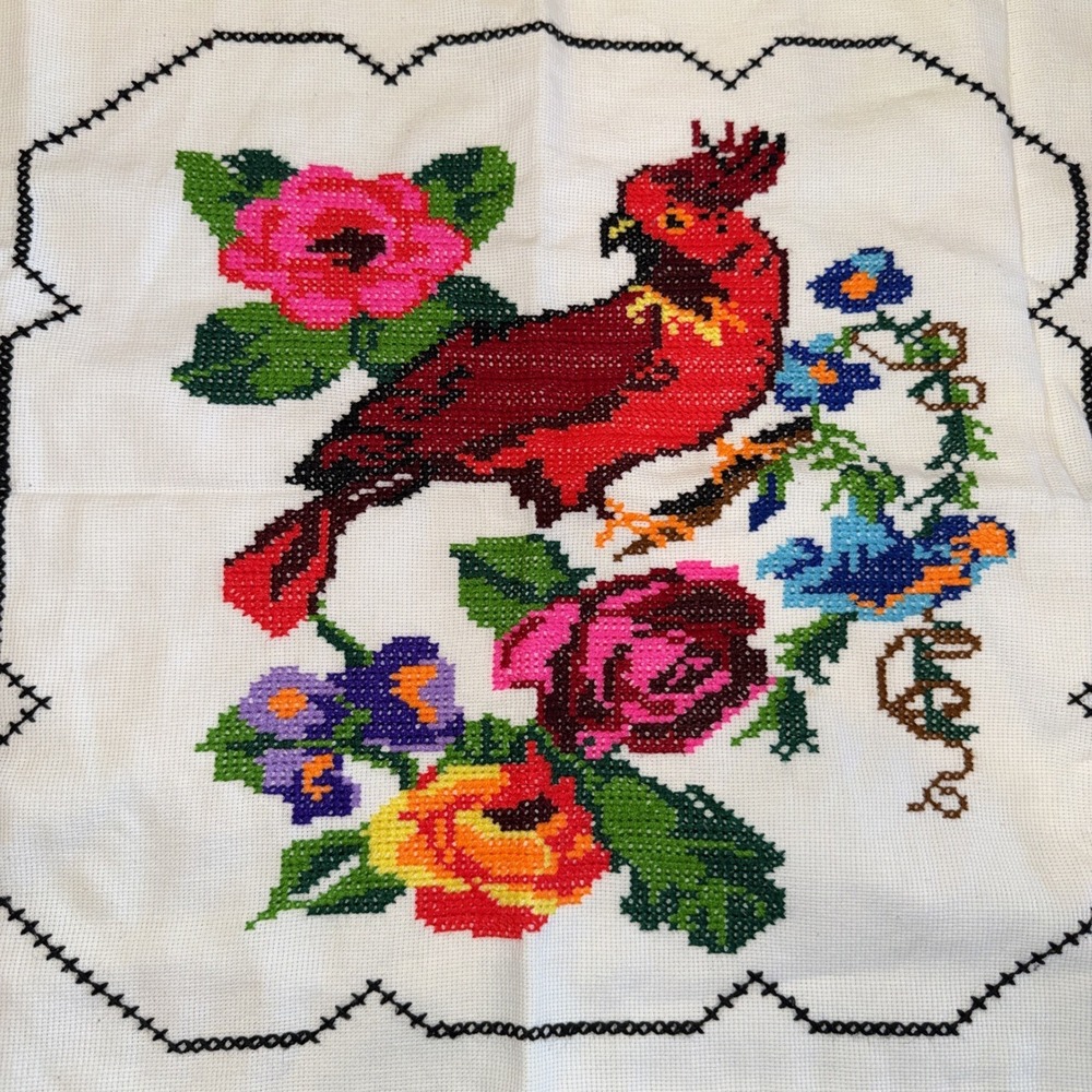 Handmade Bright Colored Bird Floral Cross Stitched Pillow Cover Piece Starter